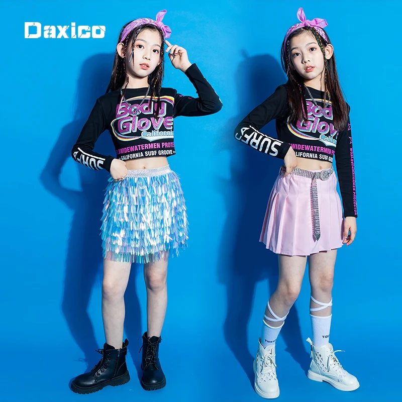 

Girl Jazz Dance Costume Children Street Hip Hop Dance Sequin Crop Top Street Dancewear Cool Clothes Cheerleaders Stage Outfit
