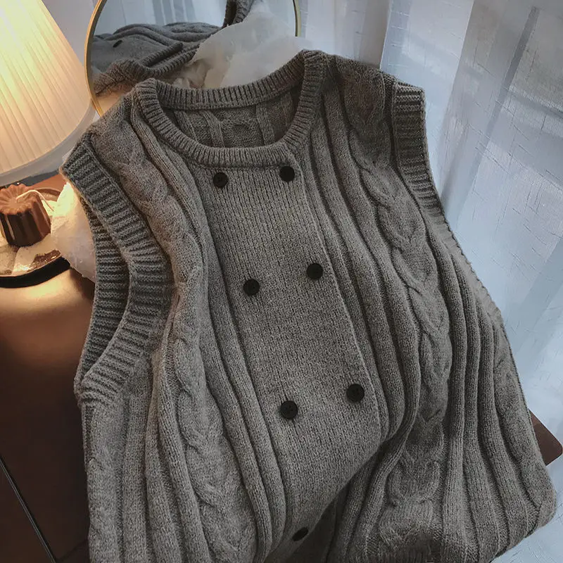 

2023 Autumn Winter Round Neck Double Knitted Vest Ladies Loose Casual Fashion and Elegant Women Sleeveless Sweater H228