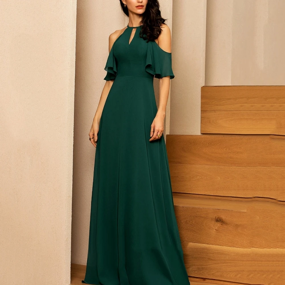 

Elegant Women Gowns Halter Dress Chiffon A Line Floor Length Off The Shoulder Mother Dresses Simple Robes Invitée Mariage