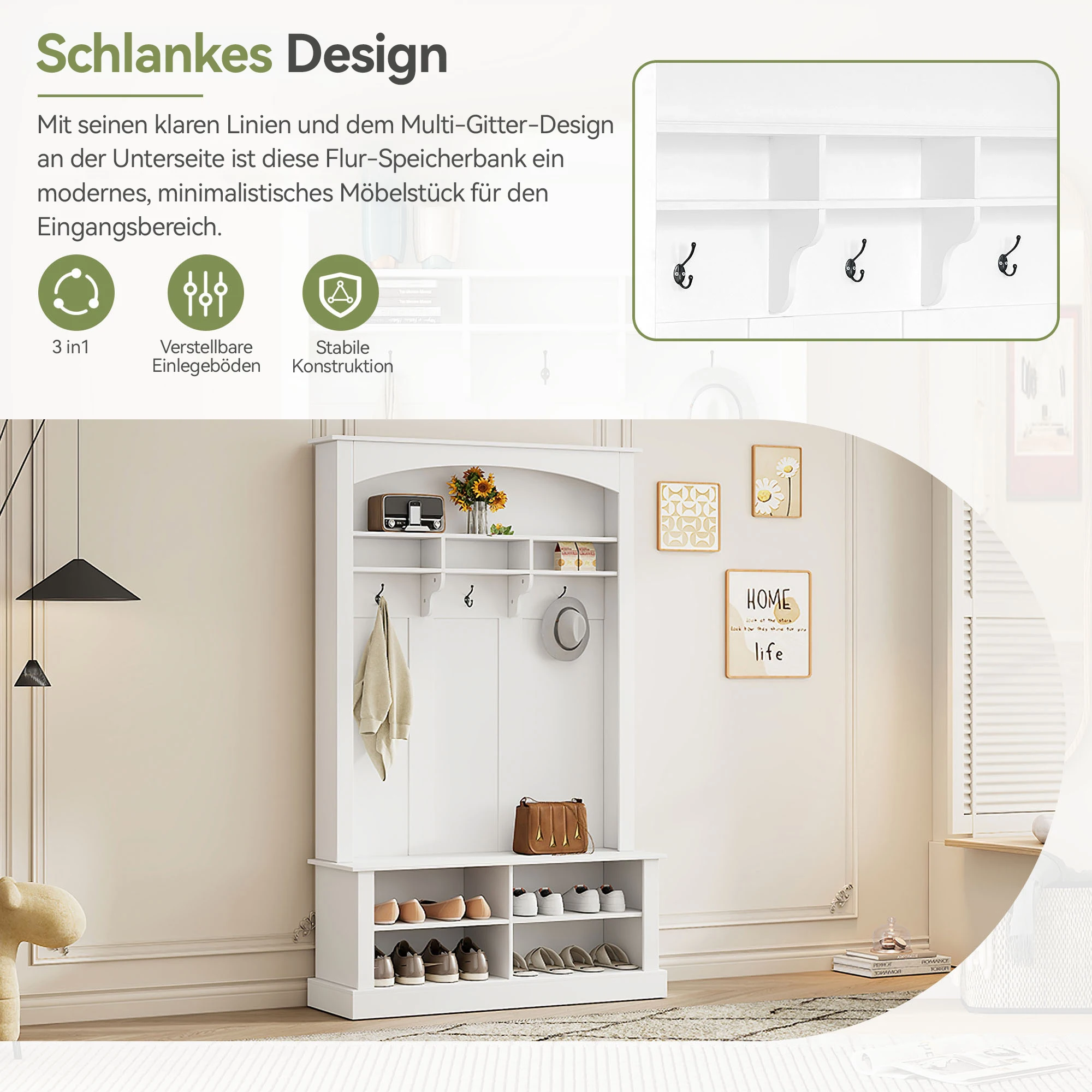 PINGGO Multifunktionales Garderobenset mit Sofa und Schuhregal, offenem Stauraum, 3 Haken, rechteckigem Aufbewahrungsschrank und Regalen – Detail 2
