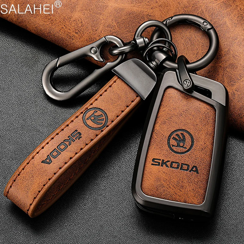 Car Leather Zinc Alloy Remote Key Case Cover For Skoda Fabia Octavia