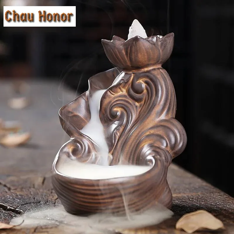 Retro Lotus Fountain Incense Holder Burner Waterfall Backflow Home Decor Buddhist Aroma Censer for Tea House Living Room Decor