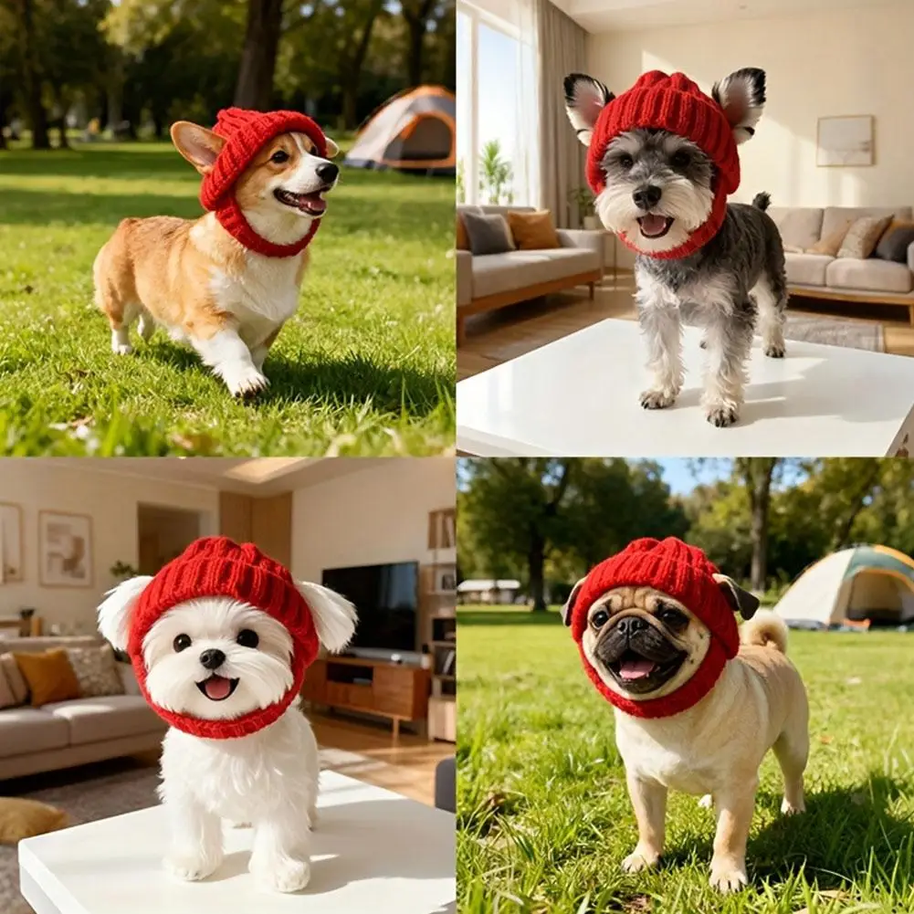 빨간색 귀여운 강아지 모자 따뜻하고 방풍 기능이 있는 니트 애완동물 모자 섬세한 헴 장식 탄력성 니트 모자 강아지 액세서리