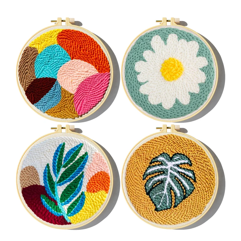 DIY Punch Needle Painting Set With Wool Yarns Geometric Flowers