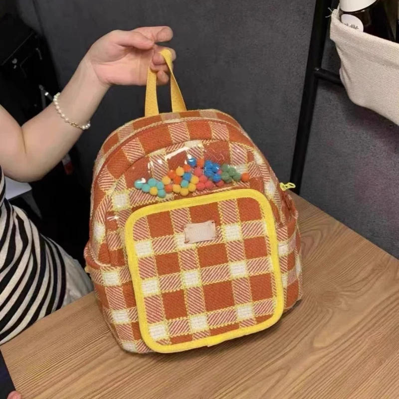 

Xiuya Fresh Cute Backpack for Women Orange Plaid Print Casual Simple Shoulder Bag Harajuku Style Fashion Sweet Designers Handbag