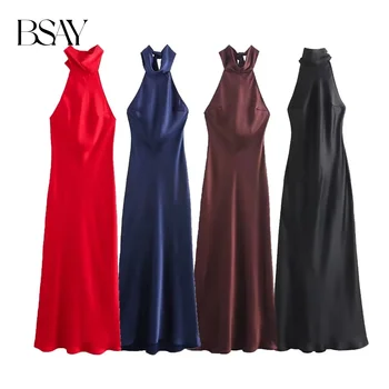 BSAY Dress for Women Fashion 2024 Autumn New Bow Sexy Backless French Elegant Halter Neck Satin Texture Midi Dresses 1