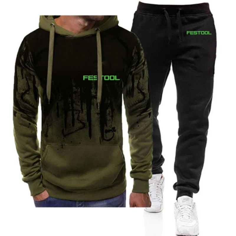 Festool Tools 2023 new men's printing fashion gradient suit pullover hooded casual sweatpants comfortable top suit