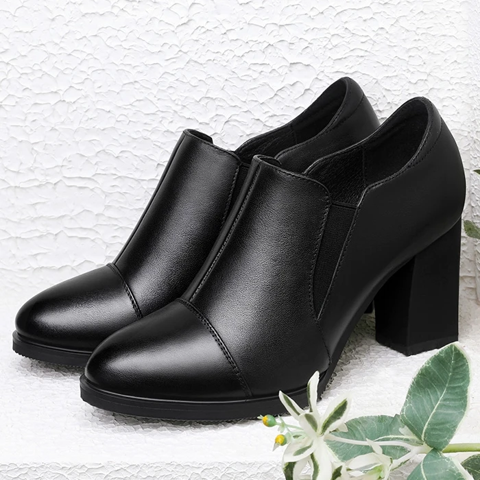 

New Deep Mouth Spring Autumn Women Pumps Natural Genuine Leather Thick High Heels Office Lady Classic Shoes Plus Size M0063
