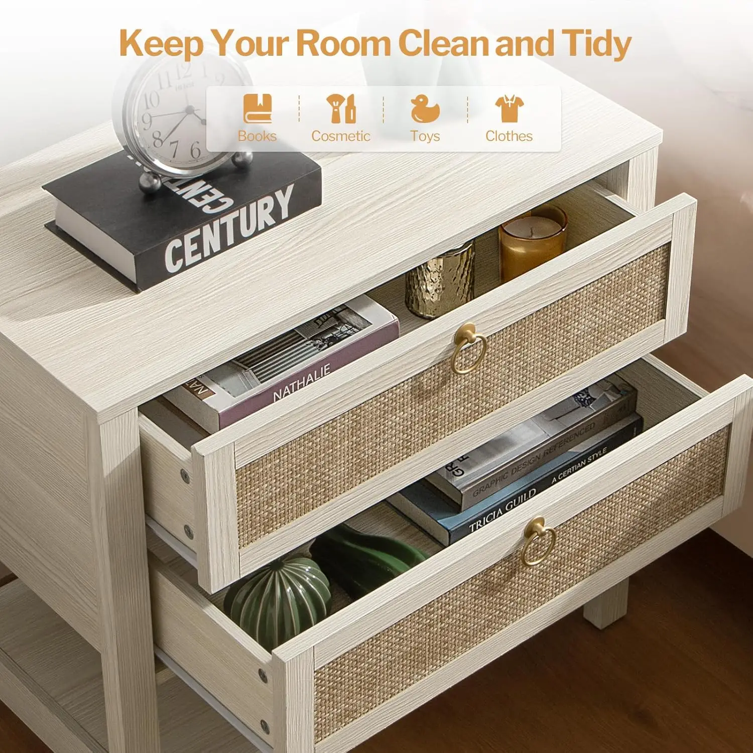 White Night Stand Set of 2, Large Nightstand with Drawers and Storage Shelf-Rattan Boho Bedside Table Narrow Side Table for Be