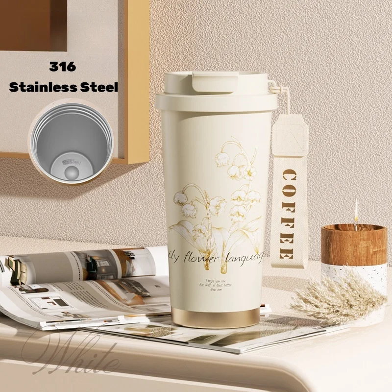 High Grade Elegant Flower Ceramic Liner 316 Stainless Steel Bell Orchid Coffee Mug Hot Cold Thermal Mug Gift Leather Sleeve