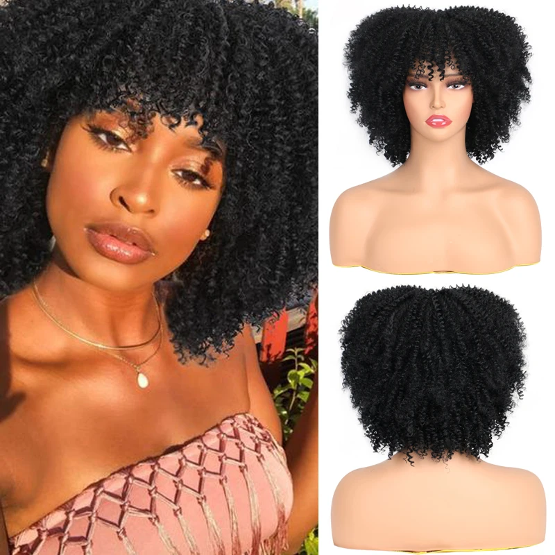 Short Hair Afro Kinky Curly Wig With Bangs African 6 Inch Synthetic Natural Glueless Hair Brown Mixed Blonde Wig For Black Women