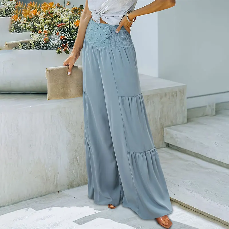 Pantaloni da donna a gamba larga con elastico in vita con coulisse pantaloni casual a palazzo con tasca laterale pantaloni larghi da donna pantaloni casual con elastico in vita, Verde, XXL