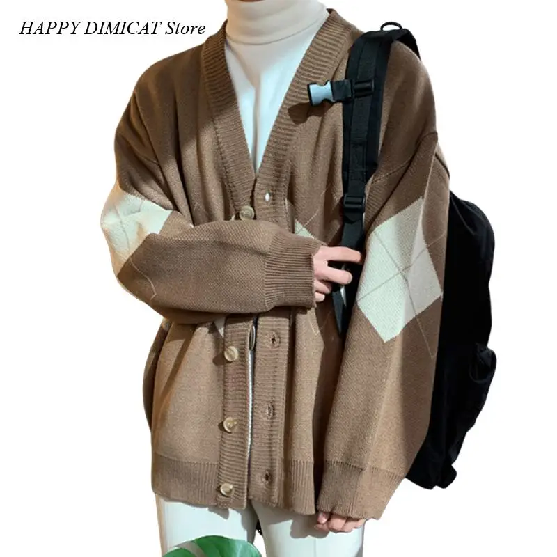 Knitting Cardigan Sweater Autumn Winter Top Men's Single Breasted V Collar Sweatercoat New Korean Fashion Chic Diamond