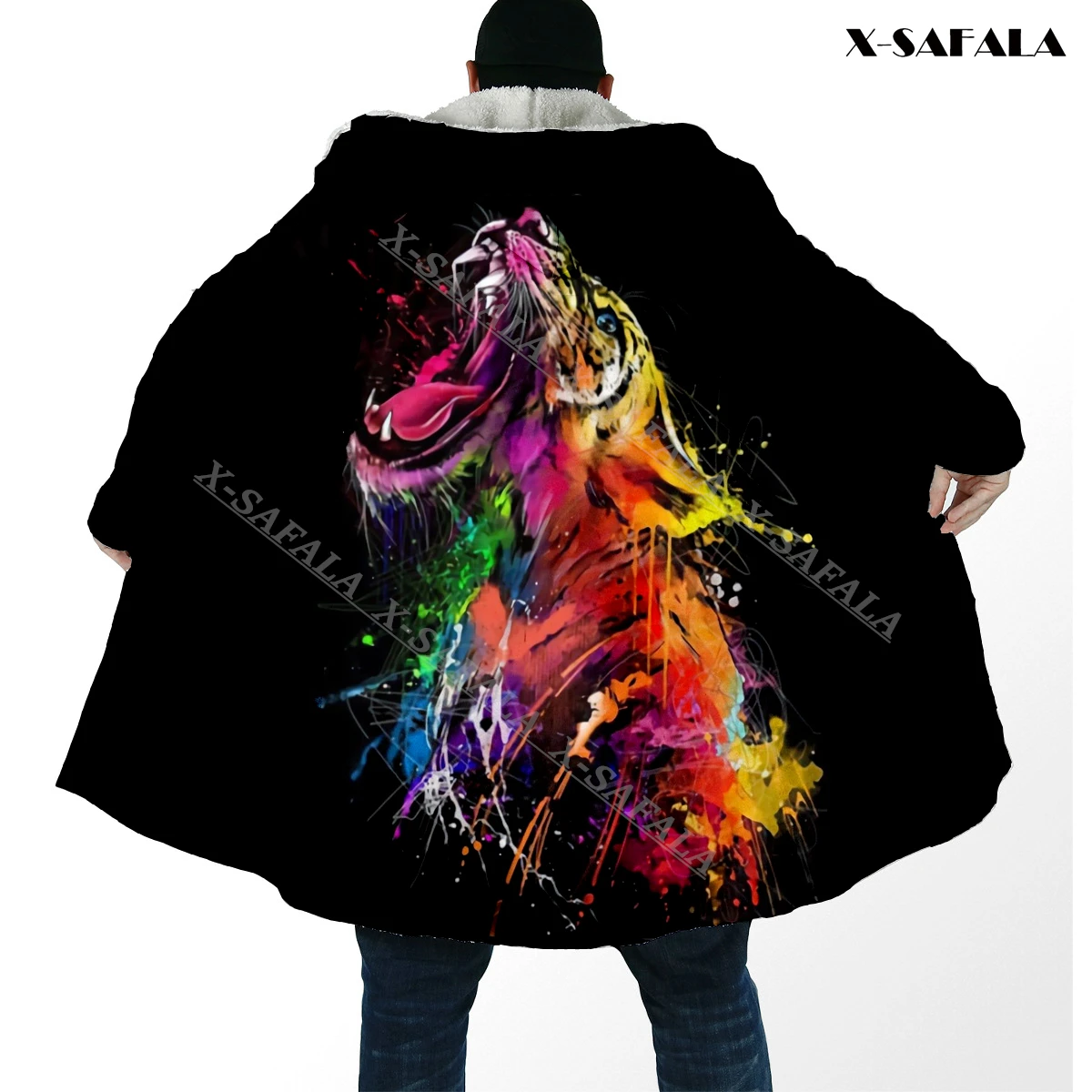 

Tiger Colorful Art 3D Printed Hoodie Long Duffle Topcoat Hooded Blanket Cloak Thick Jacket Cotton Cashmere Fleece