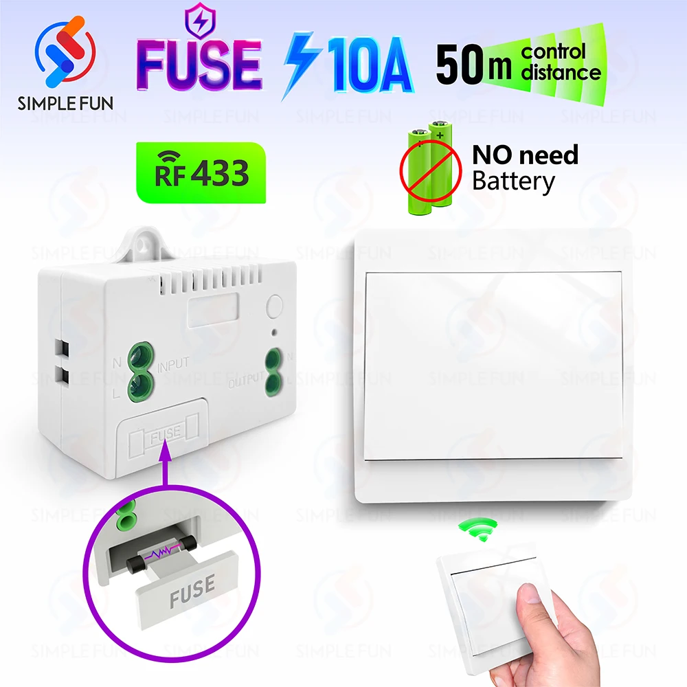 Interruptor de Luz sem Fio Kinetic Interruptor de Parede sem Necessidade de Bateria Módulo de Relé com Fusível para Lâmpada 433mhz 110v 220v