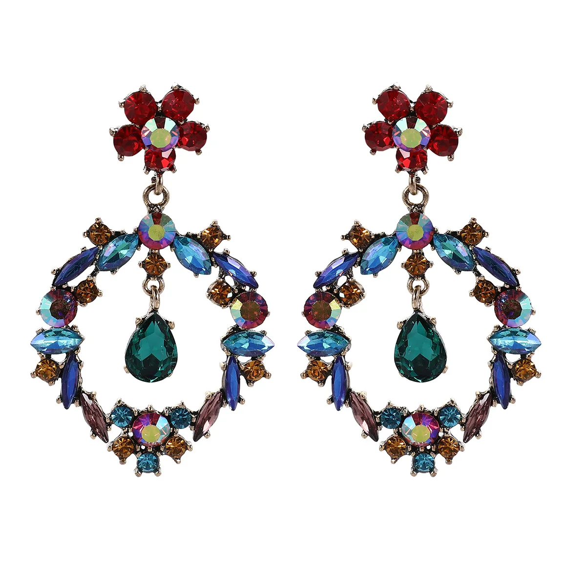 

Fashion Exaggerate Antiqued Big Colorful Rhinestone Flower Drop Earrings for Women Hollow Bohemian Style Jewelry