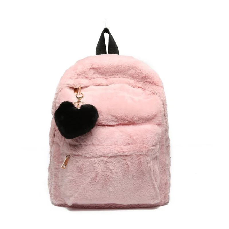 

Winter Girls Backpack Soft Plush Large Capacity Women Shoulder Bag Fluffy Heart Shape Zipper Rucksack Purse Pink Laptop Pouch