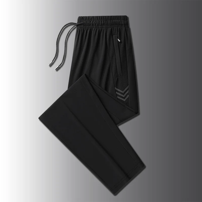 Men's Summer Ice Silk Trousers Sports Pants Thin Casual Zipper Pants Breathable Quick Drying Plus Long Breathable Legging Pants