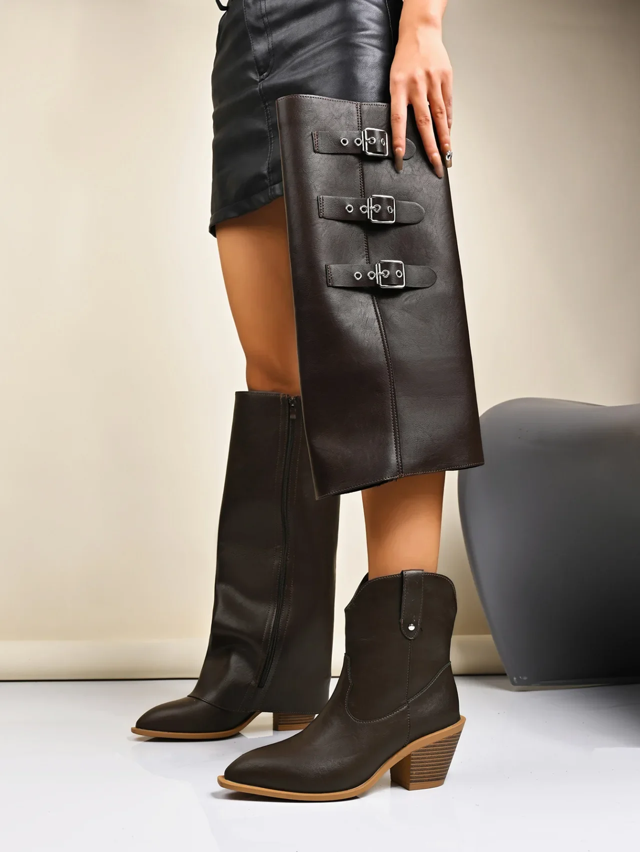Pointed Toe Boots with Belt Buckle, Thick Heeled, European and American Motorcycle Style, 2025