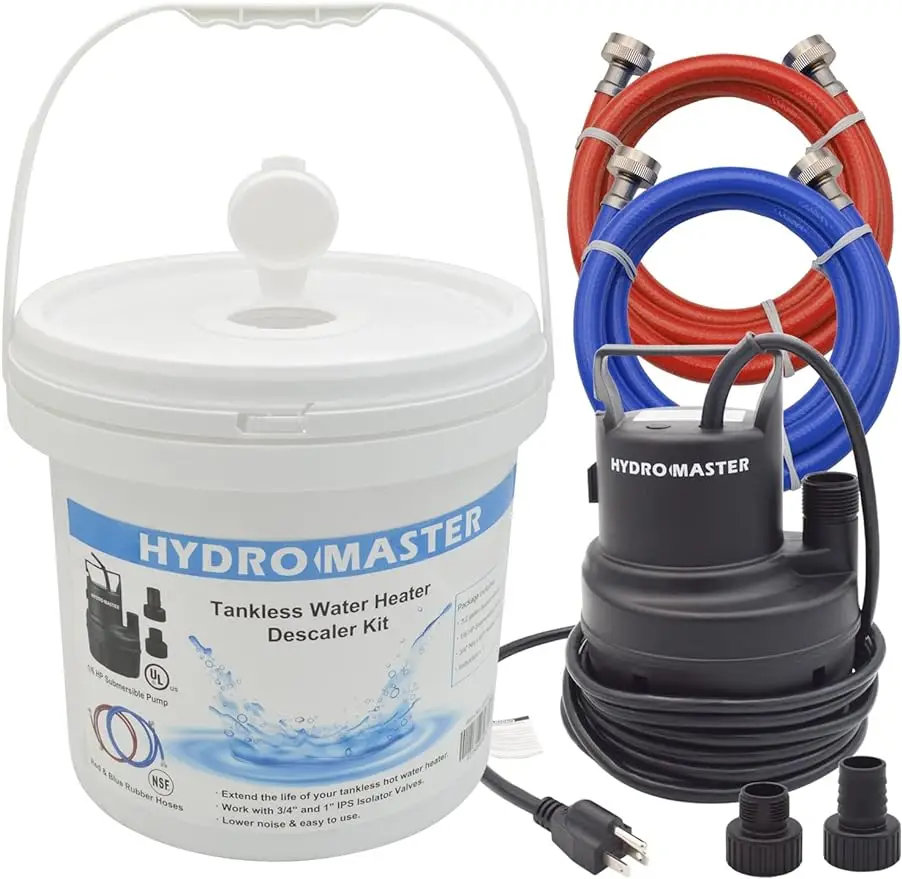 Tankless Water Heater Flush kit,Includes 1/6HP Pump, 3.2 Gallon Pail With Screw Top Lid, Two 3/4-inch GHT x 6 FT Color