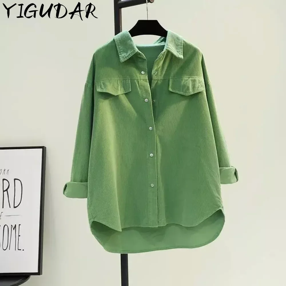 Avocado Green Mid-length Corduroy Shirt Women's 2023 Spring New Loose  Thickened Double Pocket Shirt Coat Cardigan Women Shirt