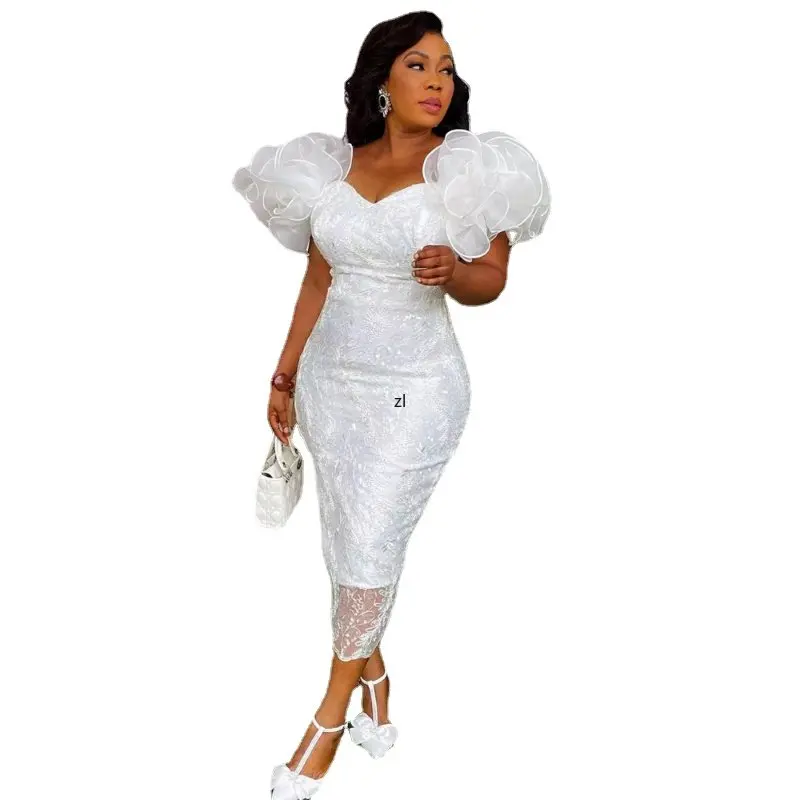 

L-3XL Polyester African Dresses for Women 2023 Spring Summer African Women Short Sleeve White Sequined Knee-length Dress