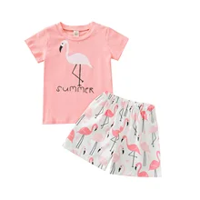 

Infant Kids Baby Girls Summer Clothes Cotton Casual Set Short Sleeve Round Neck Letter T-Shirts Flamingo Print Shorts