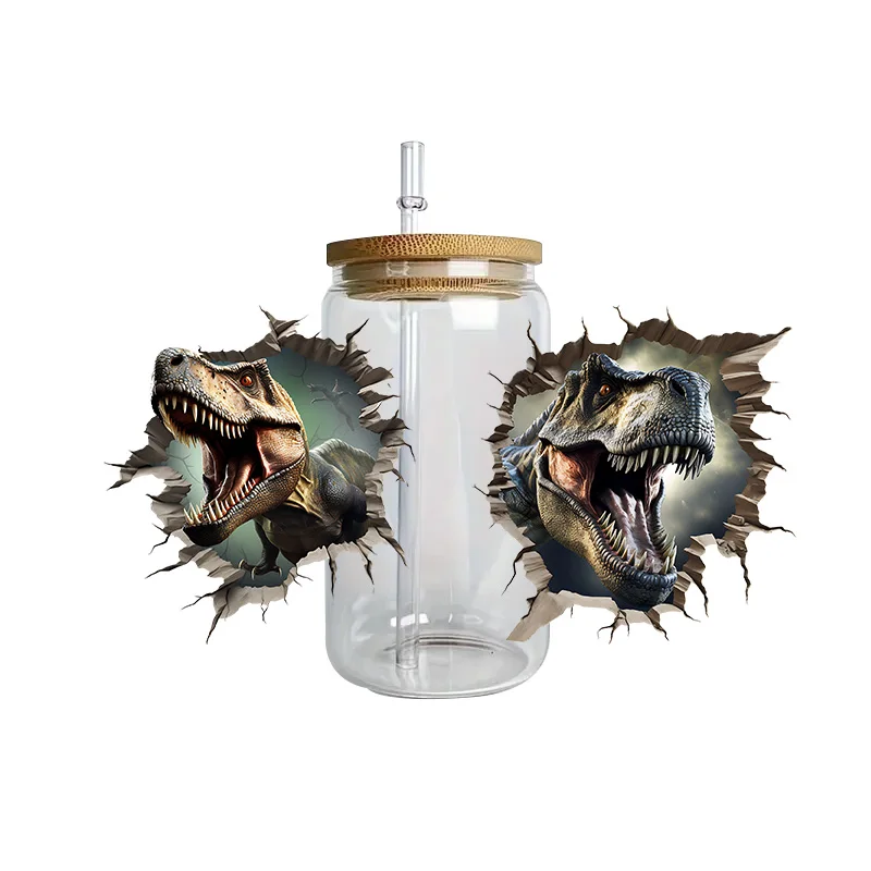 3d stickers cup wraps dinosaur series easy peel waterproof 3D transfers uvdtf crystal stickers for 16oz glasses