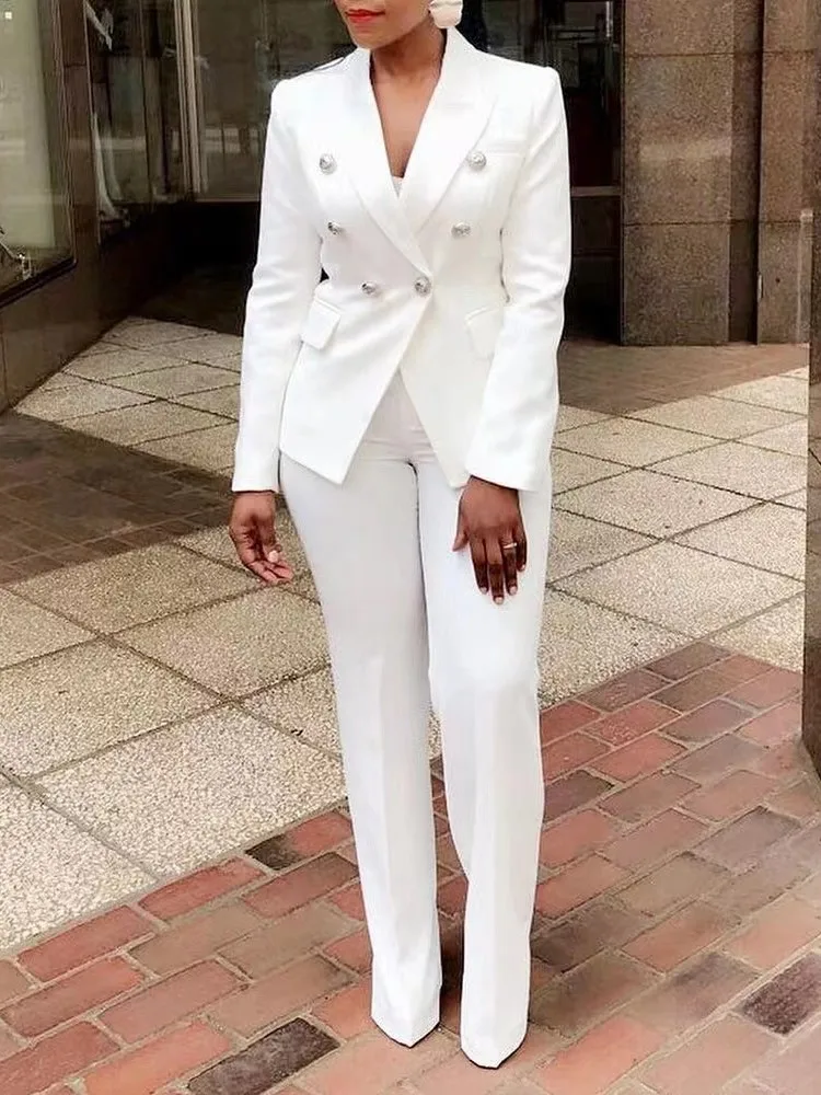

Blazer Suits Women 2023 Fall Winter Double Breasted Long Sleeve Coat And Business Workwear Trouser Elegant Two Piece Tracksuit
