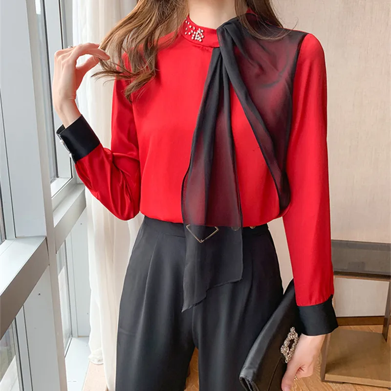 

Silk Women Shirts Lace Patchwork Blouse Women Vintage Long Sleeve Womens Tops and Blouses Beading Fashion Clothing 2023 OL Shirt