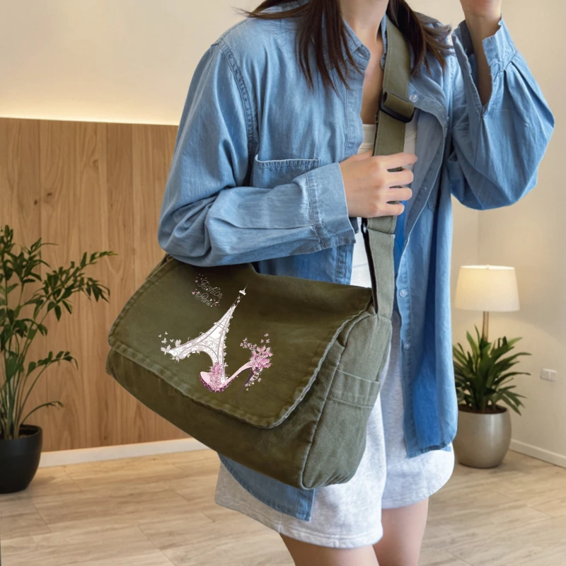 Fashion Women's Messenger Bag Canvas Paris Print Large Capacity Shoulder Bag for Travel Daily Use Crossbody Bag