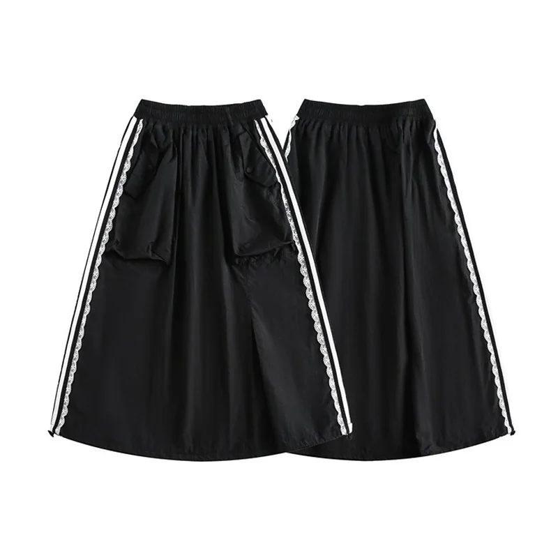 

Sweet Cool Spicy Girls Black Skirts Women Streetwear Fashion Loose Vintage Casual Splice Lace Stripe Sport Y2k Skirt Female
