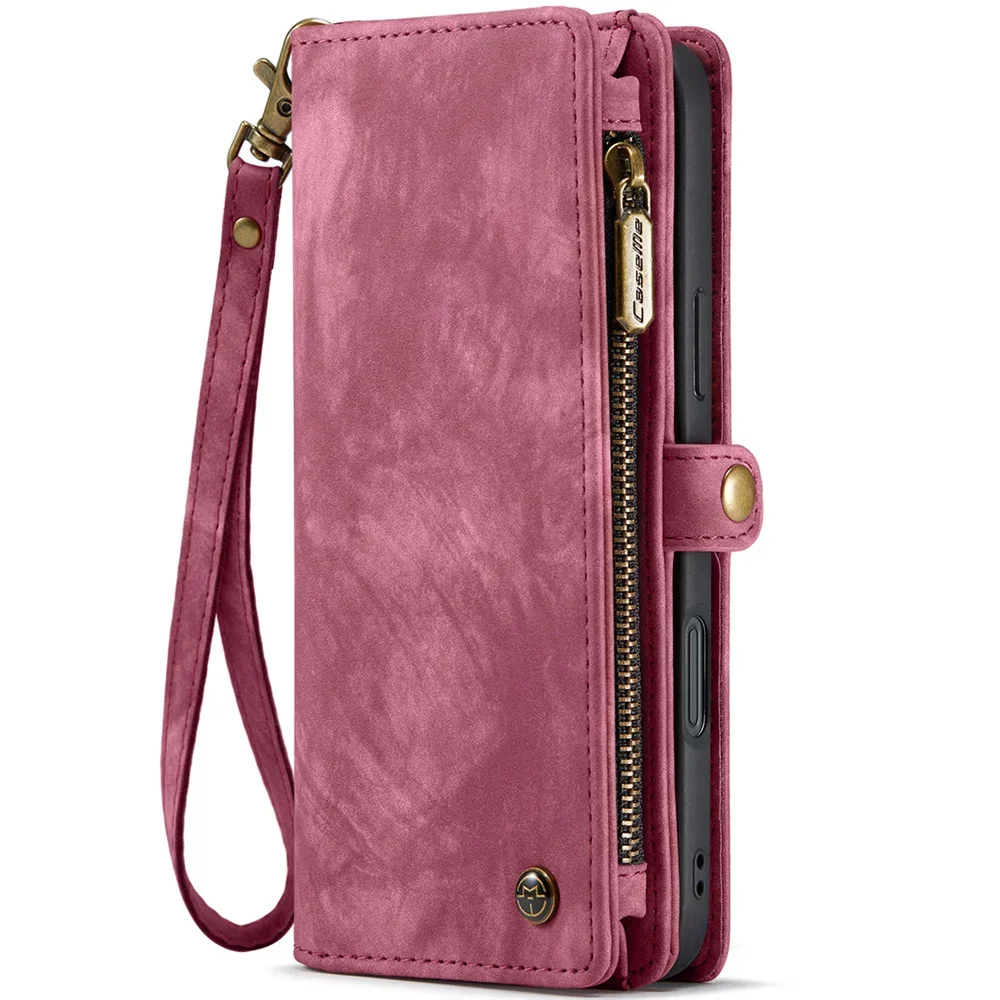 Luxury Leather Wallet Phone Case with Detachable Magnetic Zipper and Card Holder