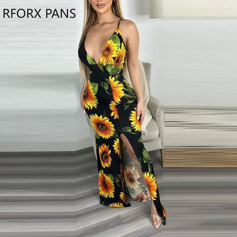 

Women Chic Deep V Neck Spaghetti Strap Lace Up Sleeveless Sunflower Print High Silt Backless Maxi Sexy Dress
