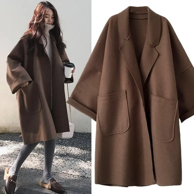 

Korean Fashion Elegant Woolen Trench Coat Winter Women Vintage Windbreakers Jacket Mid-Length Loose Turn-Down Collar Cardigan