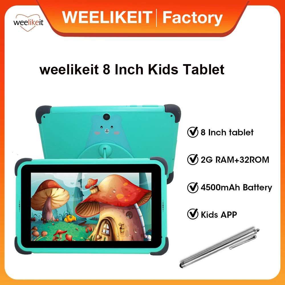 weelikeit Green Kids Tablet 8'' Android 11 1028X800 HD 2GB RAM 32GB ROM Children Tablet for Kids 4500mAh Dual Cameras Quad Core sauenane k2 7 inch kids tablets android 11 1280 800 hd ouad core dual wifi 2gb 32gb children tablet for kids study with holder