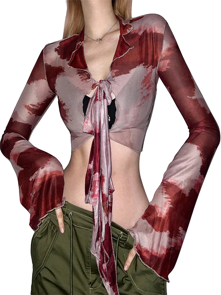

Women s Long Sleeve Fitted Crop Tops Y2k Gothic Lapel Tie Dye Red Print Sheer Mesh Flare Sleeve T-shirt
