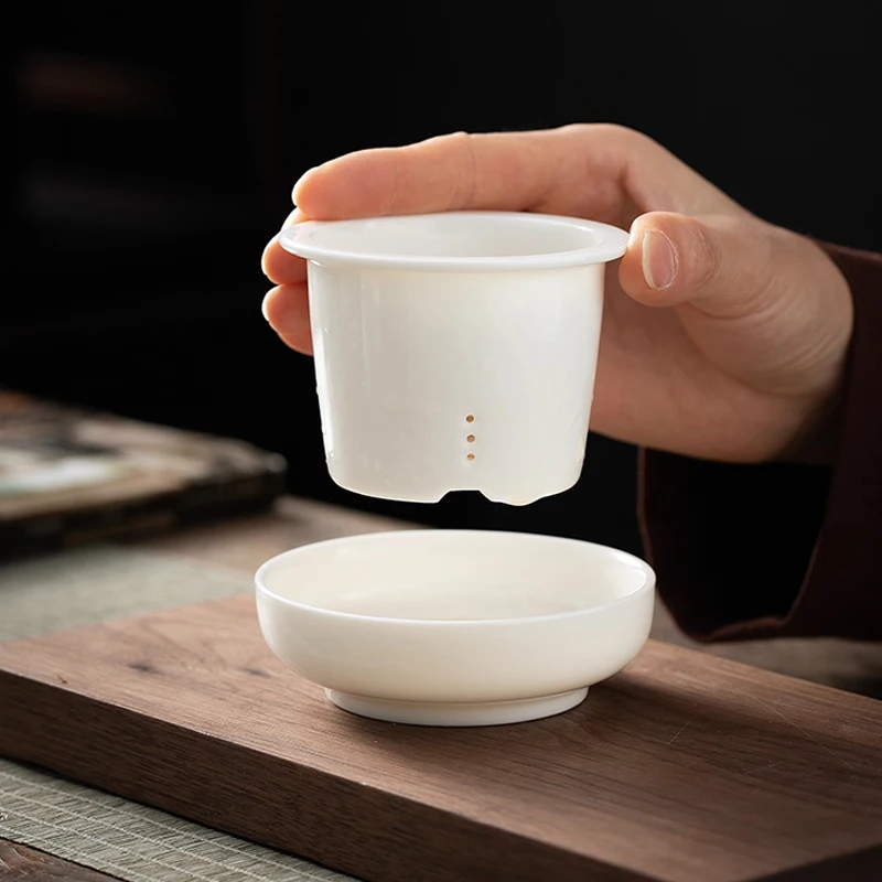 Chinese Style Tea Filtering and Separation Cups, With Cover White Porcelain Personal Mug, Home Drinkware Ceramic Office Cup, 1Pc