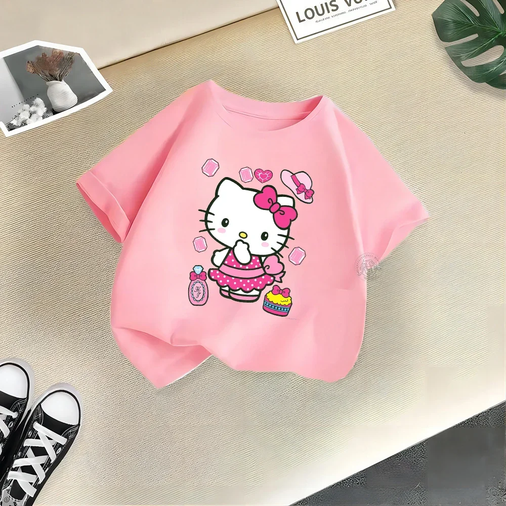 thumbnail image 1 of Camiseta de algodón de verano con dibujos animados para niños y niñas, divertida camiseta de algodón con estampado creativo de Hello Kitty, camiseta informal de cuello redondo para la calle, 1 of 4