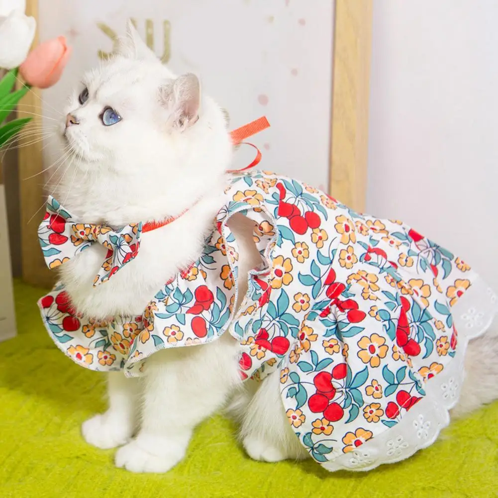 꽃 프린트 강아지 원피스 애완 동물 공주 원피스 세트, 머리 장식 슬리브 포함, 꽃 프린트 고양이 여름 원피스, 모피 경량 스커트