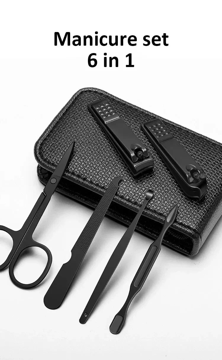 Description Picture 3 of itemOuriner New 6 Pcs Portable Luxury Manicure Sets Pedicure Kits Bright Black Nail Clipper Set Personal Care Tools Eyebrow Scissors