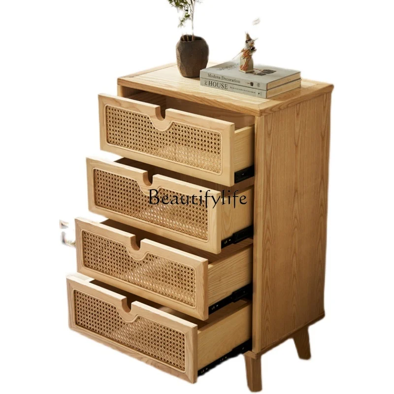 

Solid Wood Rattan Chest of Six Drawers Simple Modern Living Room Drawer Four Bucket Locker Storage Entrance Cabinet