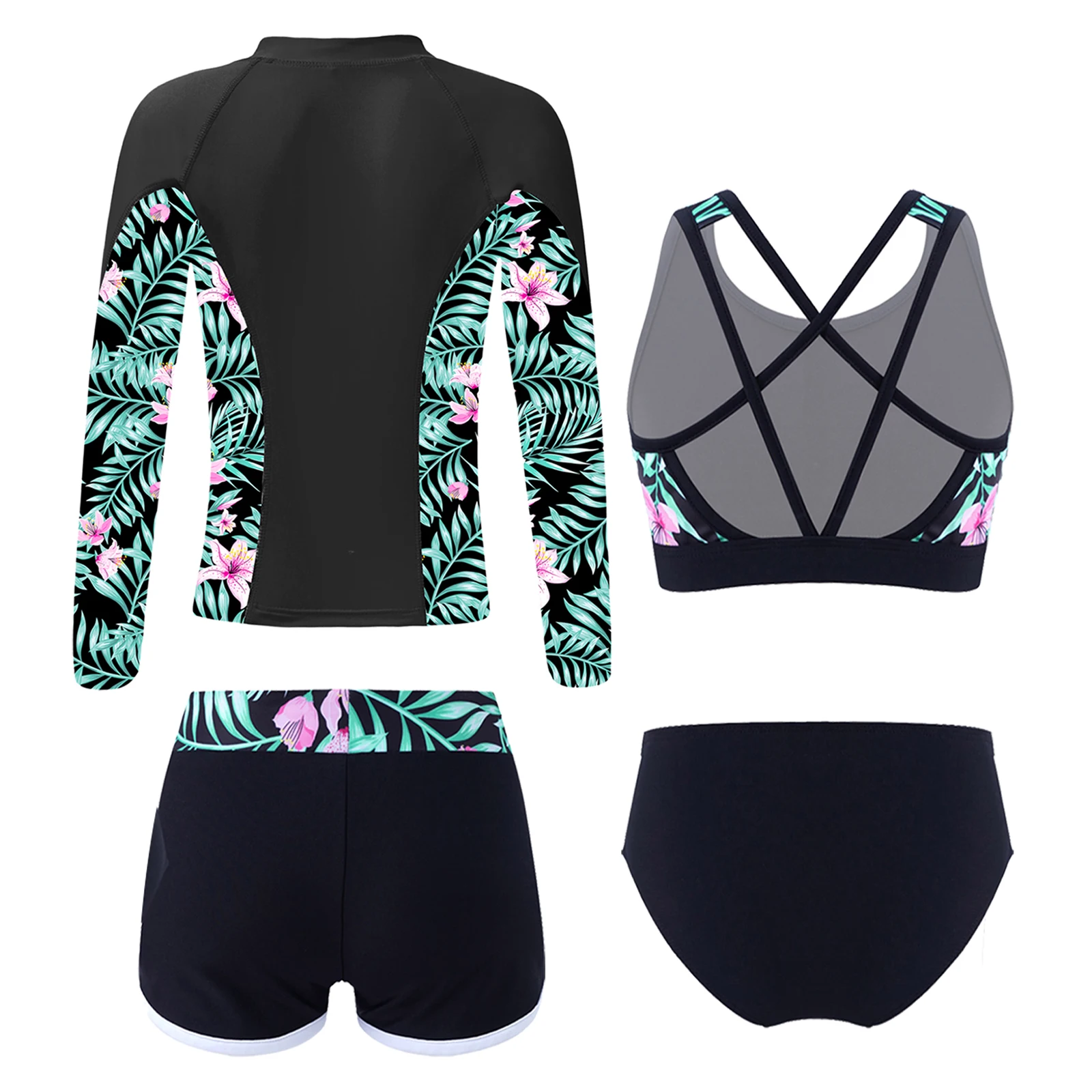 Kids Girls 4 Pcs Upf 50+ Swim Cover Up Sets Long Sleeve Zip Up Rashguard Shirts Tankini Bra Brief with Shorts Athletic Swimsuit 3