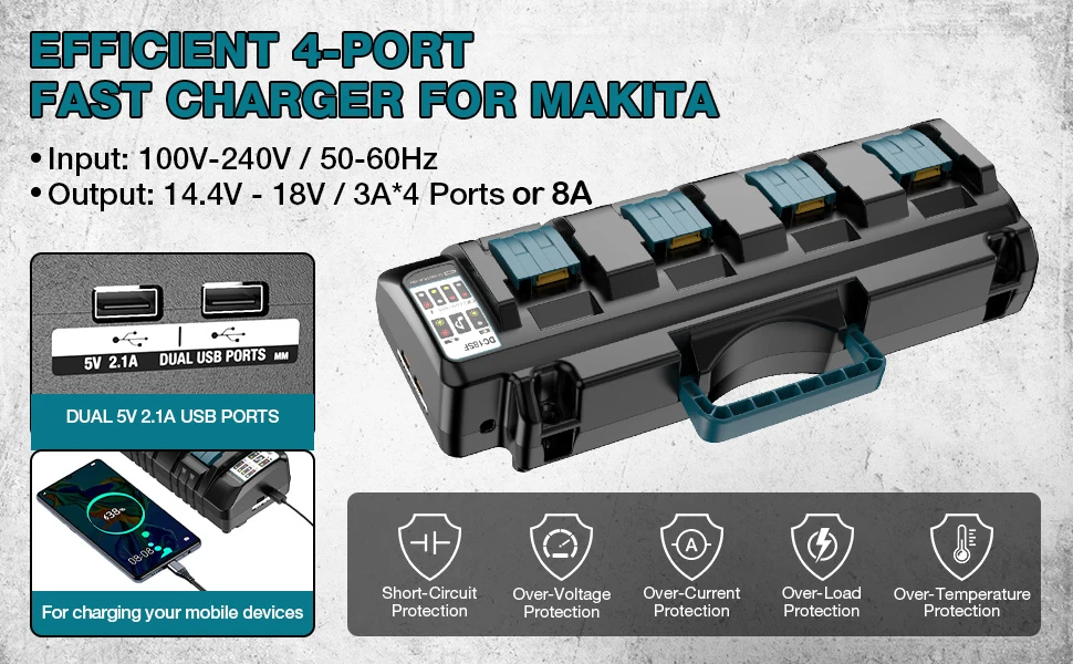 For Makita Battery Charger 4-Port Charger Station with 2 USB-A Ports Simultaneou