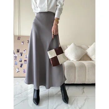 2023 Spring Autumn Women's Elegant High Waist Satin A Line Flared Midi Skirt vestido feminino