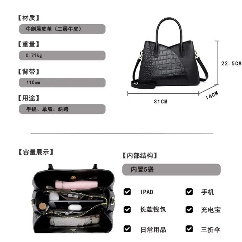 2023 New Fashion High Capacity Genuine Leather Crocodile Embossed Handheld Women's Bag Luxury Brand Famous Designer's Bag Women