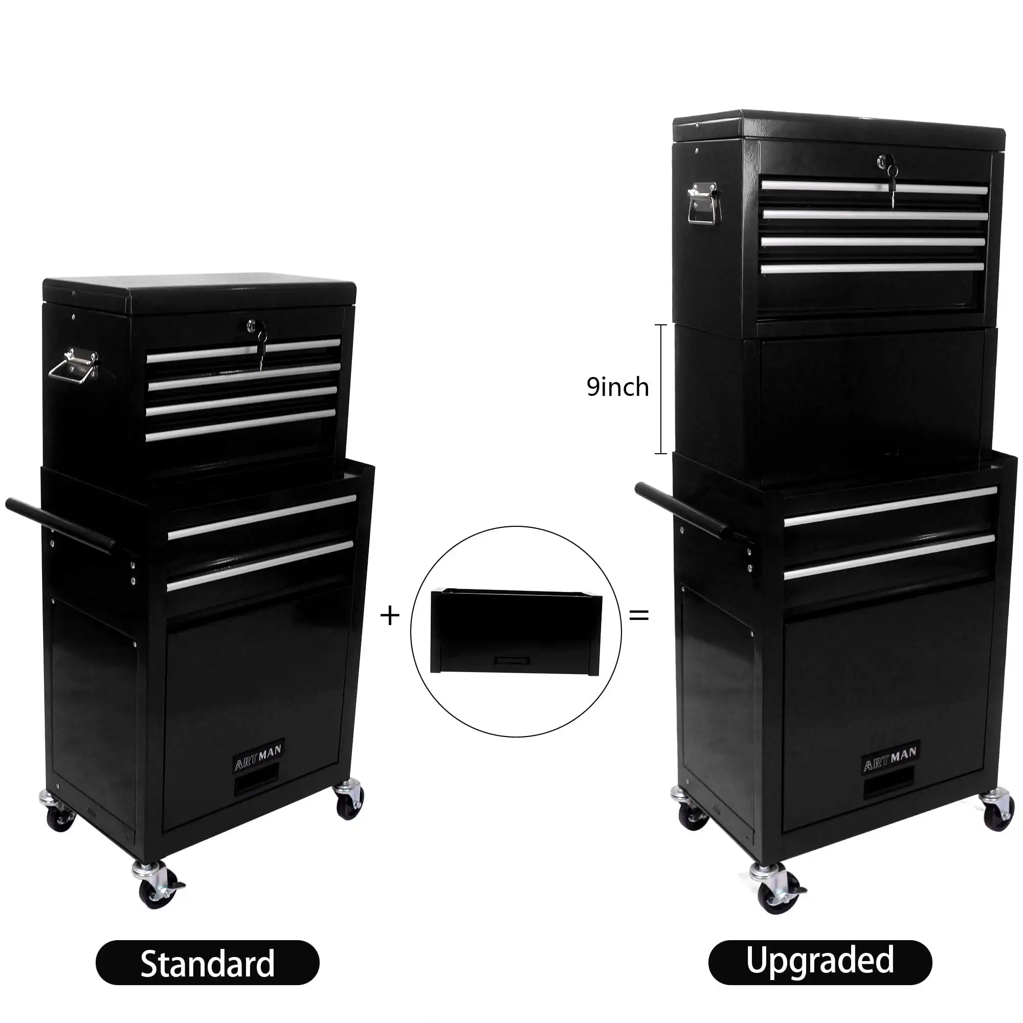 Rolling Tool Box, 3 in 1 Steel Tool Chest with 6-Drawer & 2 Cabinet for Workshop Garage Black Upgraded Large Capacity 2