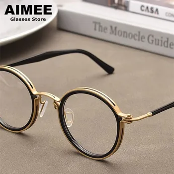 Japanese Hollow Design Titanium Acetate Round Glasses Frame Men Women Hand-Made Eyeglasses High Quality Spectacles Frames