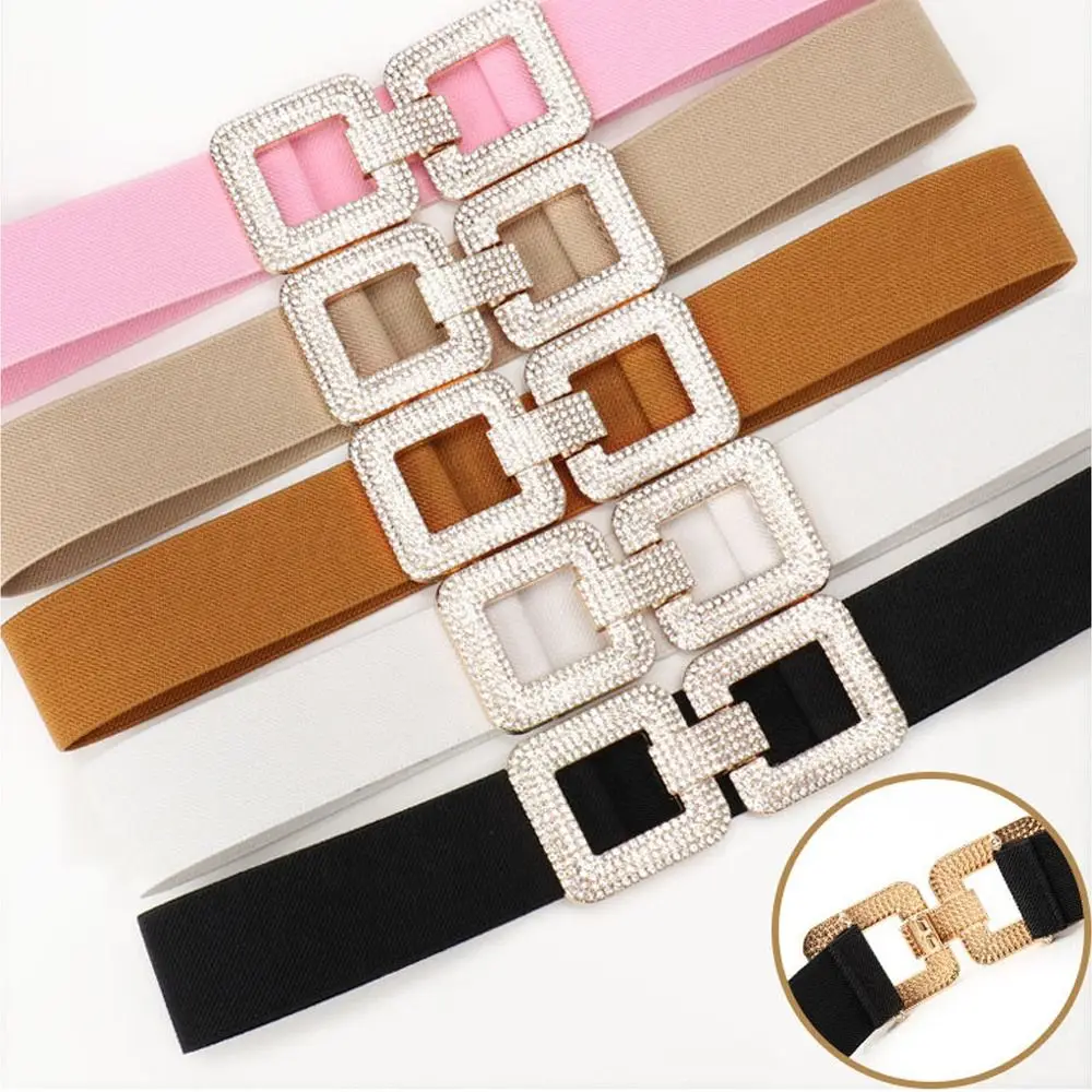 Exquisite Wide Stretch Waistband Solid Color Casual Waist Strap Rhinestone Buckle Waist Belts Clothing Decoration