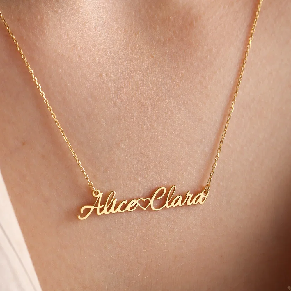 Custom Stainless Steel Two Name Necklace Personalized Heart Nameplate Pendant Neck Chain Fashion Christmas Gifts for Men  Women